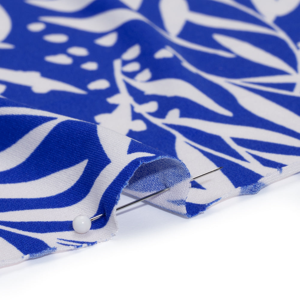 Stretch Polyester Tricot - Cobalt Blue and Off White Leafy Stems - Designer Deadstock Stretch Polyester Tricot - Cobalt Blue and Off White Leafy Stems - Designer Deadstock
