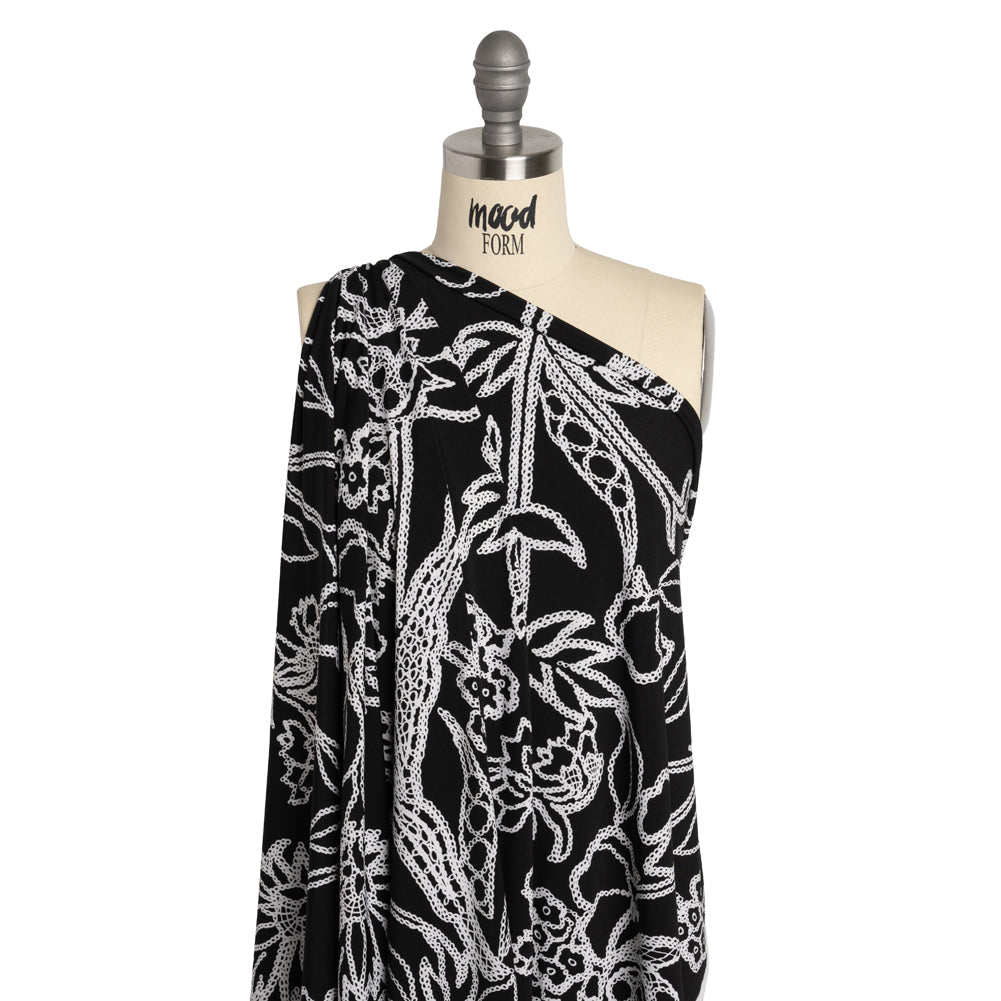 Stretch Polyester Tricot - Black and White Chain Stitch Flowers - Designer Deadstock Stretch Polyester Tricot - Black and White Chain Stitch Flowers - Designer Deadstock