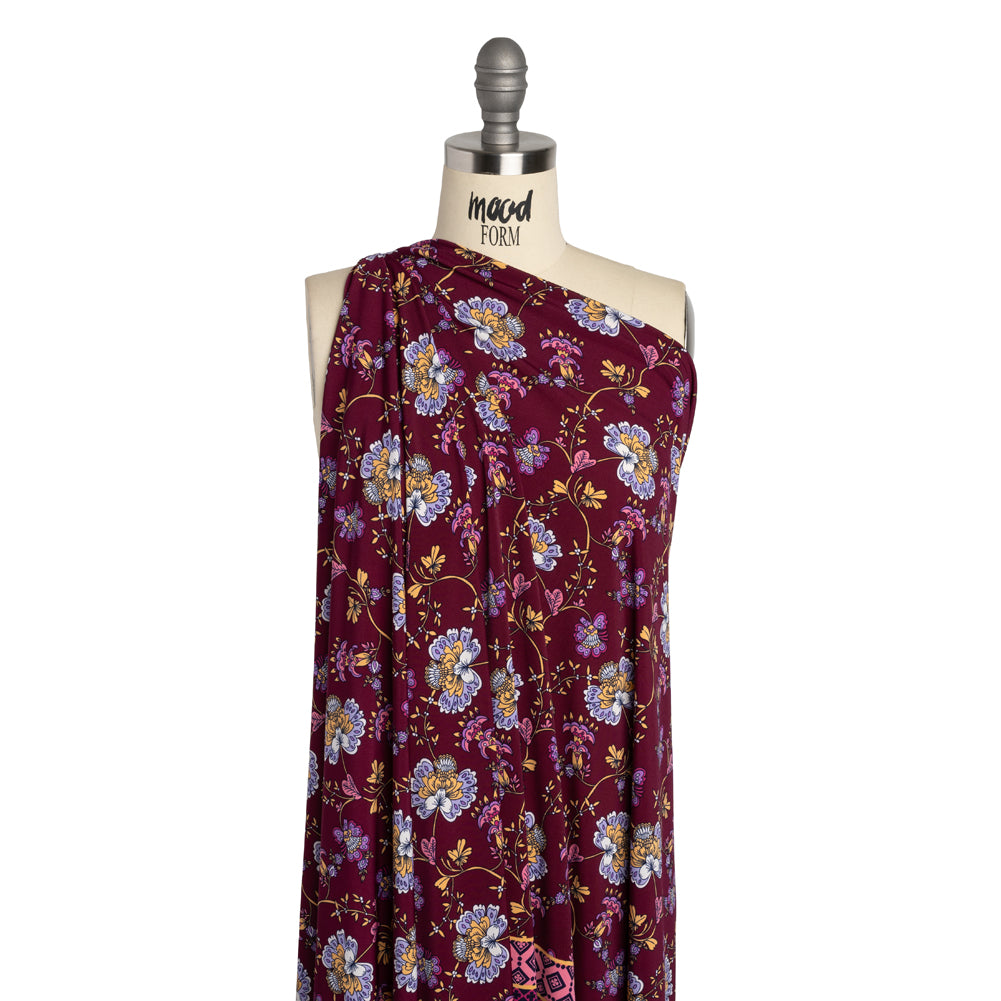 Stretch Polyester Tricot Panel - Burgundy, Creamsicle and Lilac Floral Patchwork and Decorative Stripes - Designer Deadstock Stretch Polyester Tricot Panel - Burgundy, Creamsicle and Lilac Floral Patchwork and Decorative Stripes - Designer Deadstock