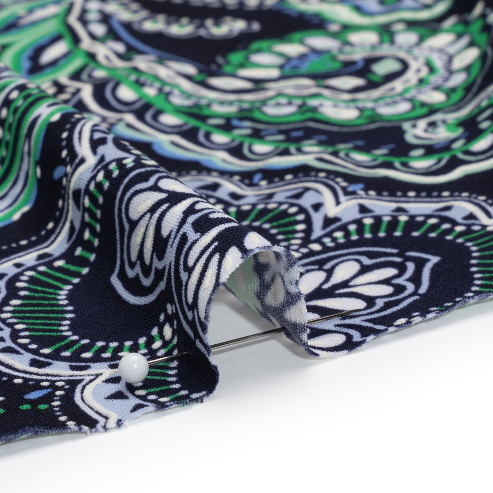 Stretch Polyester Tricot with Puff Print - Navy, Green and White Floral and Paisley - Designer Deadstock Stretch Polyester Tricot with Puff Print - Navy, Green and White Floral and Paisley - Designer Deadstock