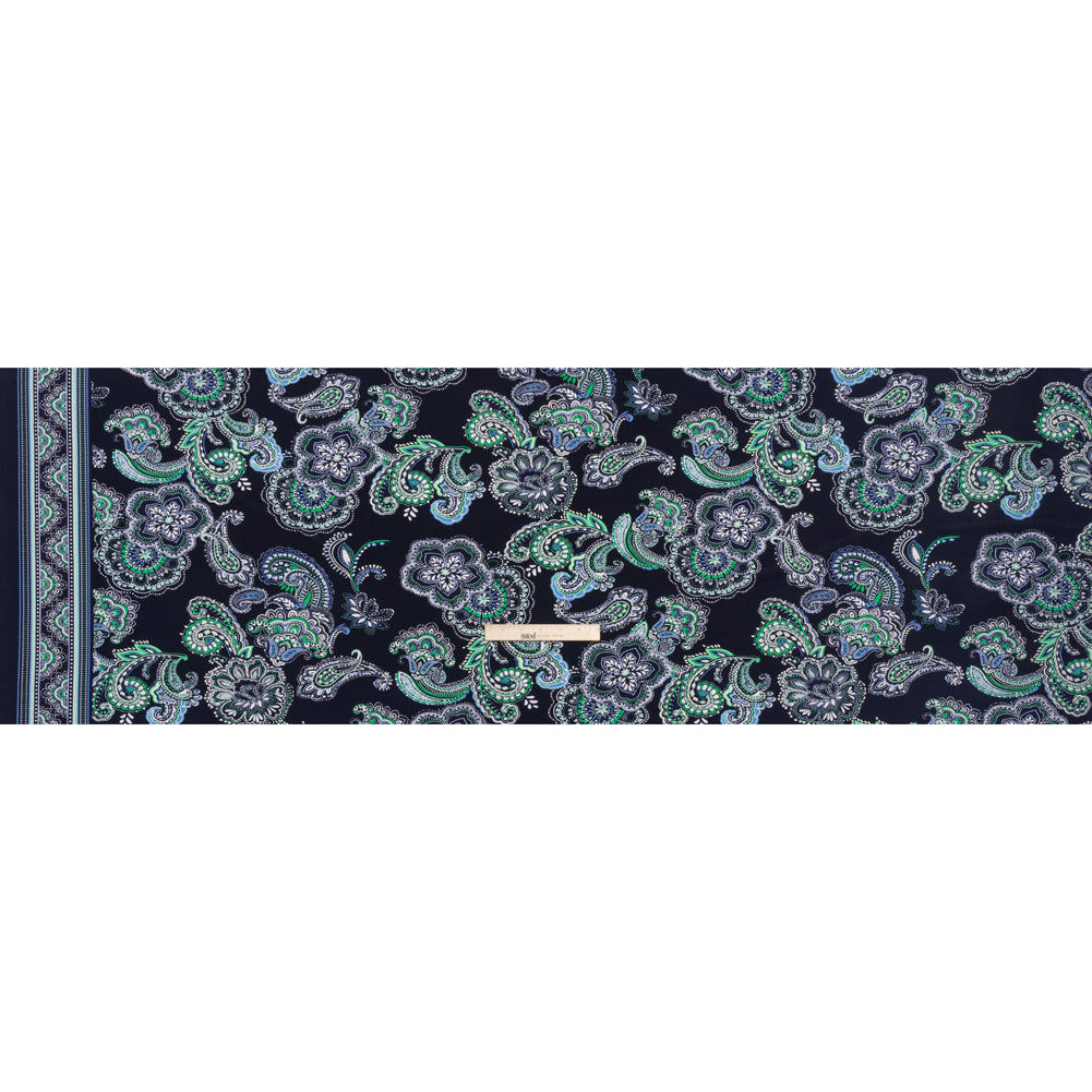 Stretch Polyester Tricot with Puff Print - Navy, Green and White Floral and Paisley - Designer Deadstock Stretch Polyester Tricot with Puff Print - Navy, Green and White Floral and Paisley - Designer Deadstock