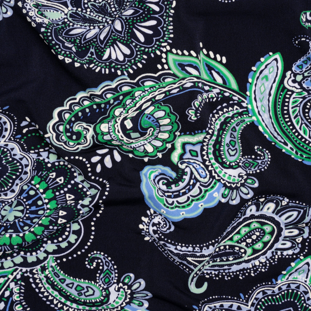 Stretch Polyester Tricot with Puff Print - Navy, Green and White Floral and Paisley - Designer Deadstock Stretch Polyester Tricot with Puff Print - Navy, Green and White Floral and Paisley - Designer Deadstock