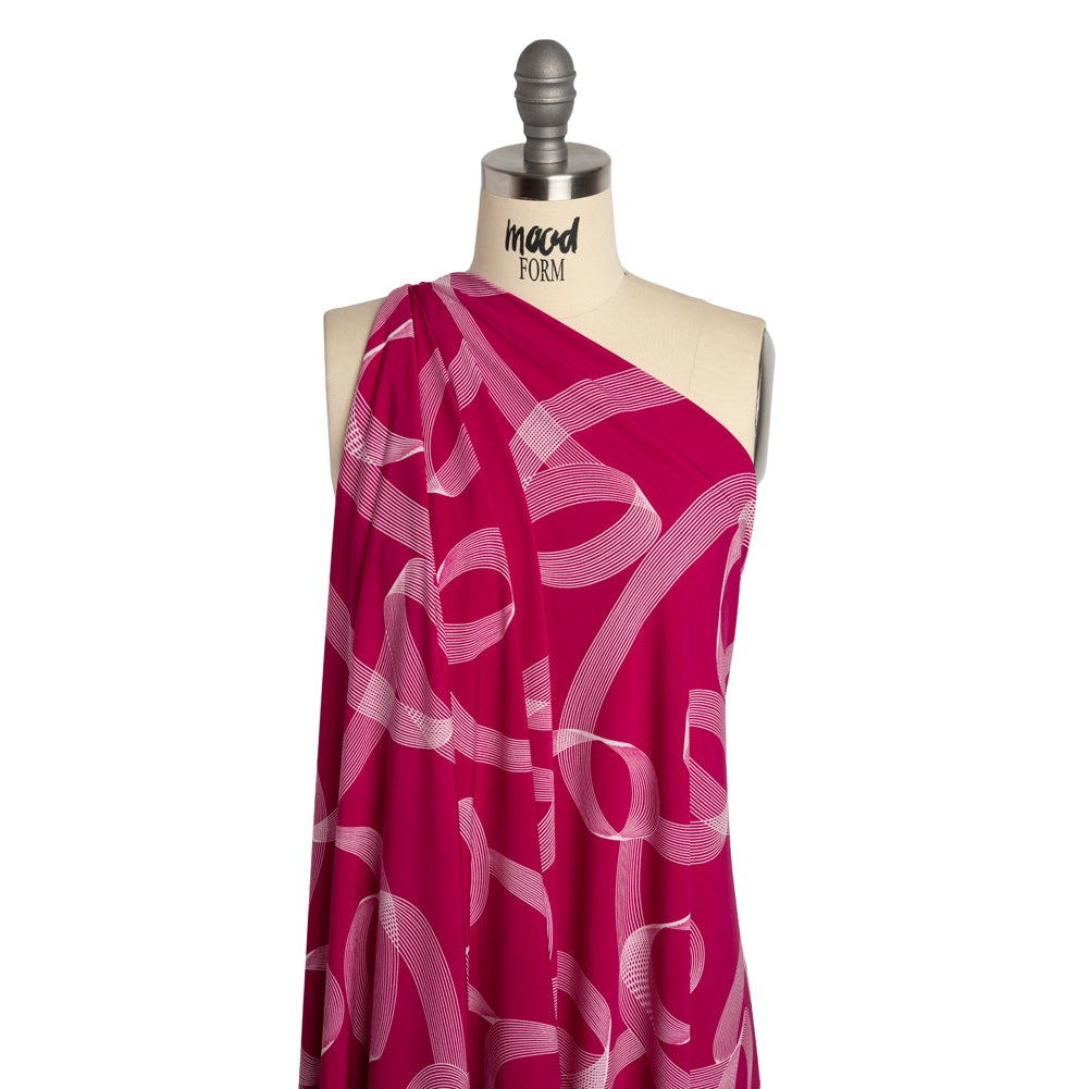 Stretch Polyester Tricot - Raspberry Pink and White Looping Lines - Designer Deadstock Stretch Polyester Tricot - Raspberry Pink and White Looping Lines - Designer Deadstock