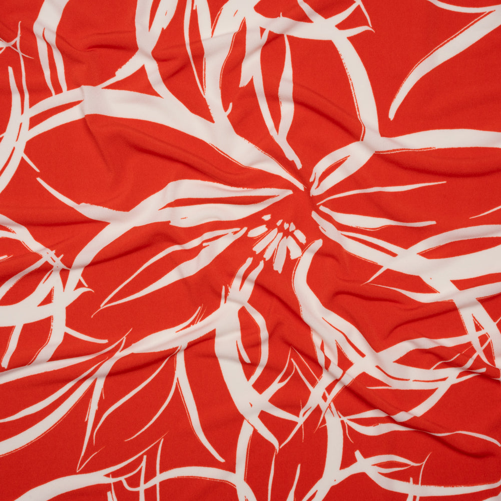 Stretch Polyester Tricot - Orange Red and White Flowers and Leaves - Designer Deadstock Stretch Polyester Tricot - Orange Red and White Flowers and Leaves - Designer Deadstock