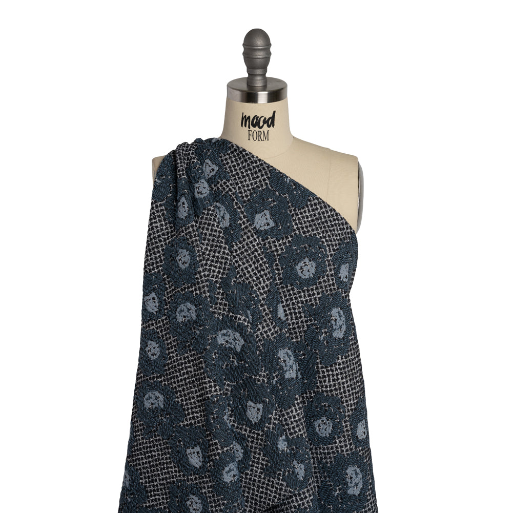 Cotton and Polyester Matelasse - Blue and Black Diamonds and Flowers - Designer Deadstock - Drape Cotton and Polyester Matelasse - Blue and Black Diamonds and Flowers - Designer Deadstock - Drape