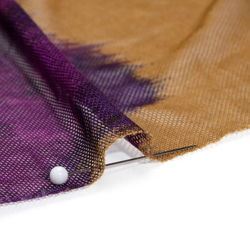 Polyester Stretch Mesh - Dark Green, Purple and Gold Ikat Floral - Designer Deadstock Polyester Stretch Mesh - Dark Green, Purple and Gold Ikat Floral - Designer Deadstock