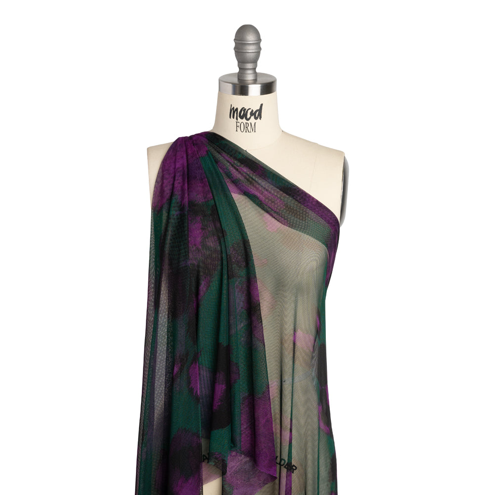 Polyester Stretch Mesh - Dark Green, Purple and Gold Ikat Floral - Designer Deadstock Polyester Stretch Mesh - Dark Green, Purple and Gold Ikat Floral - Designer Deadstock