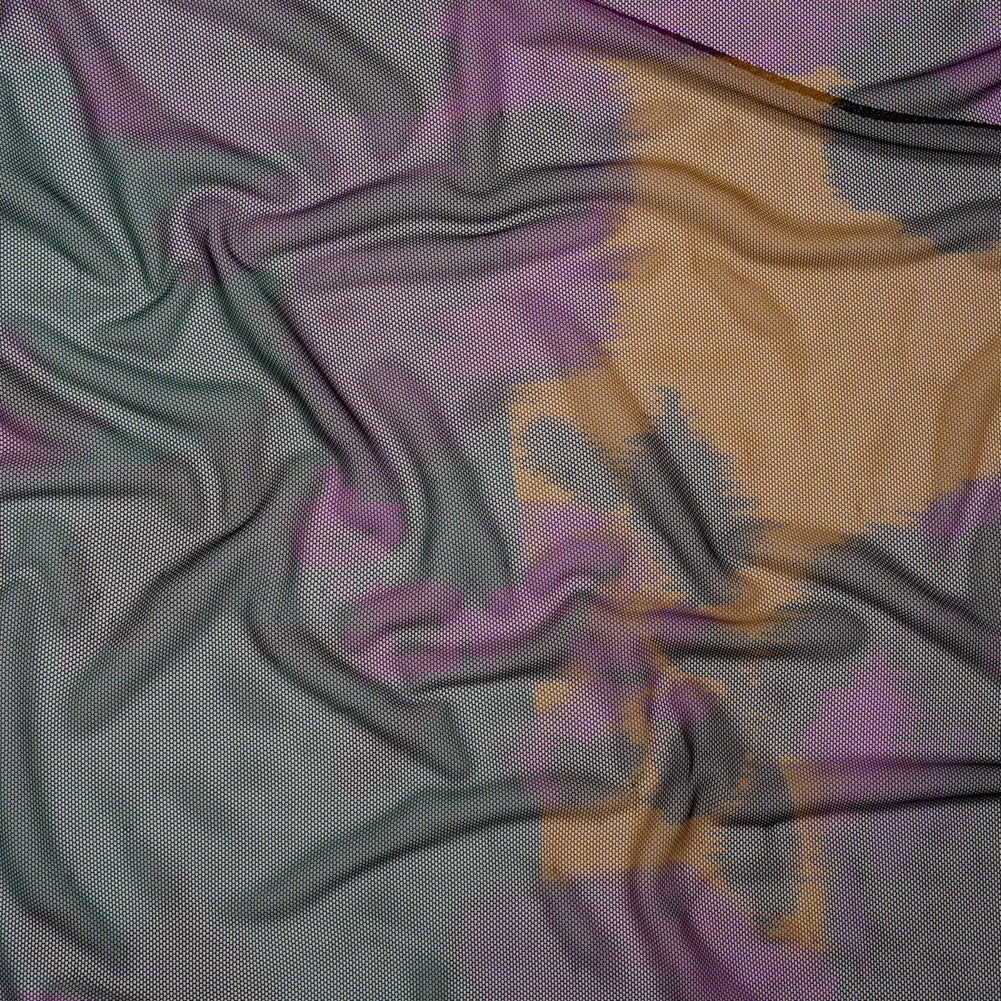Polyester Stretch Mesh - Dark Green, Purple and Gold Ikat Floral - Designer Deadstock Polyester Stretch Mesh - Dark Green, Purple and Gold Ikat Floral - Designer Deadstock