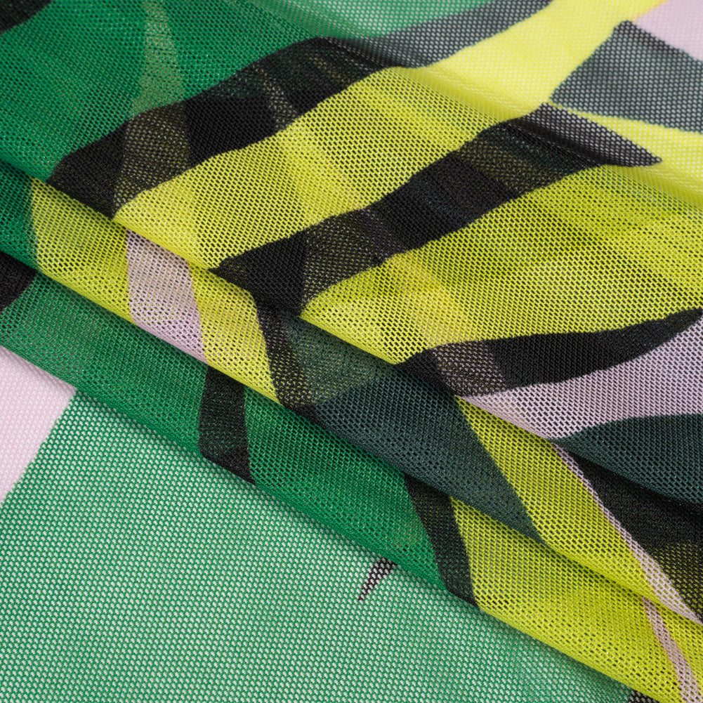 Stretch Polyester Mesh - Green, Pale Pink and Yellow Leaves - Designer Deadstock - Folded Stretch Polyester Mesh - Green, Pale Pink and Yellow Leaves - Designer Deadstock - Folded