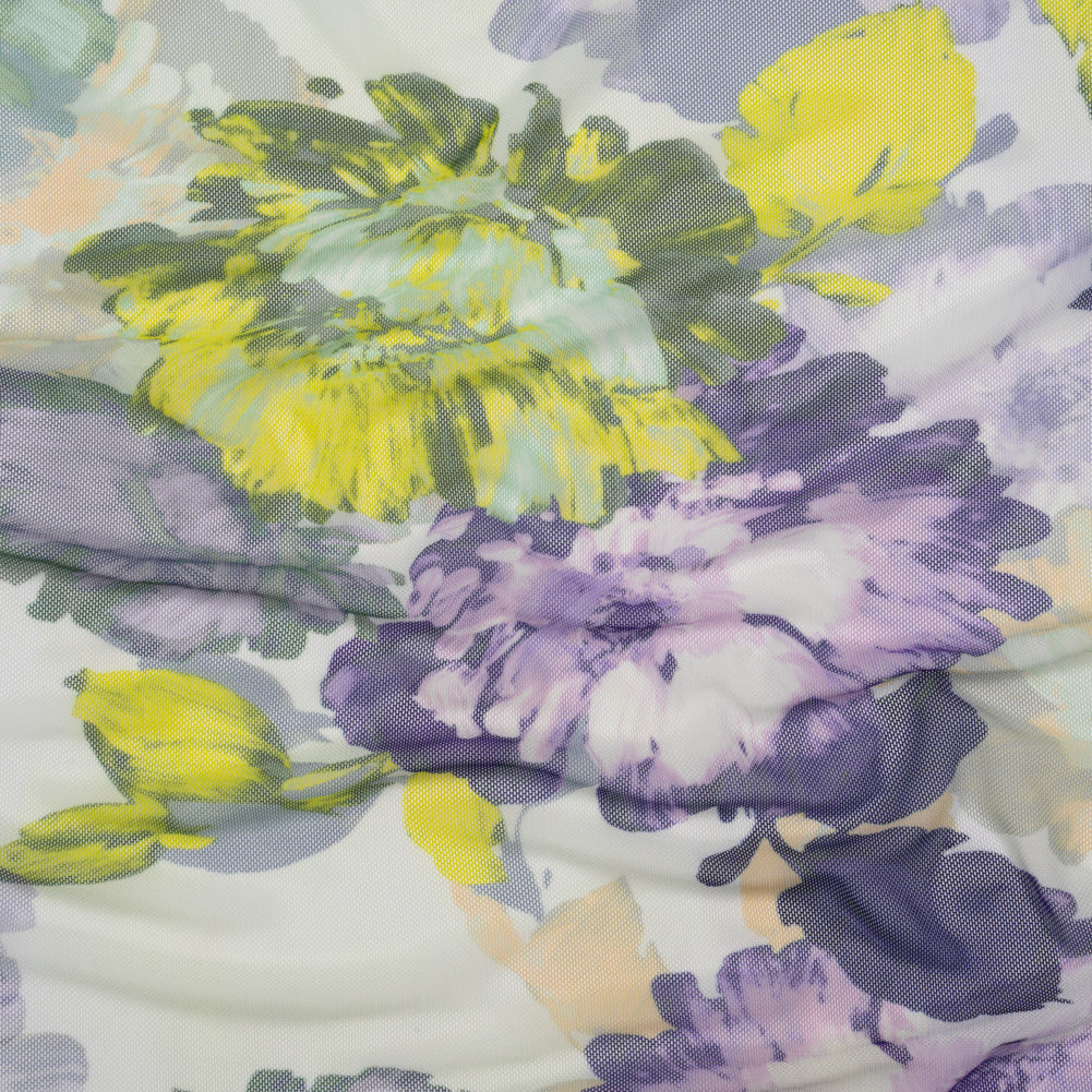 Polyester Stretch Mesh - Yellow, Olive and Navy Floral - Designer Deadstock Polyester Stretch Mesh - Yellow, Olive and Navy Floral - Designer Deadstock
