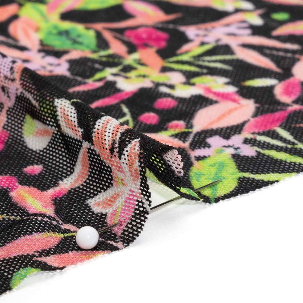 Polyester Stretch Mesh - Black, Pink and Green Flowering Vines - Designer Deadstock Polyester Stretch Mesh - Black, Pink and Green Flowering Vines - Designer Deadstock