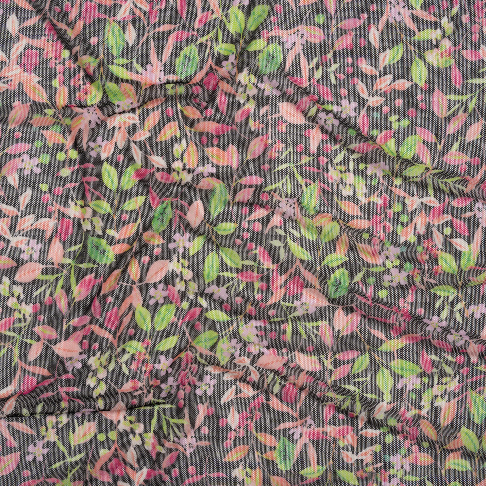 Polyester Stretch Mesh - Black, Pink and Green Flowering Vines - Designer Deadstock Polyester Stretch Mesh - Black, Pink and Green Flowering Vines - Designer Deadstock
