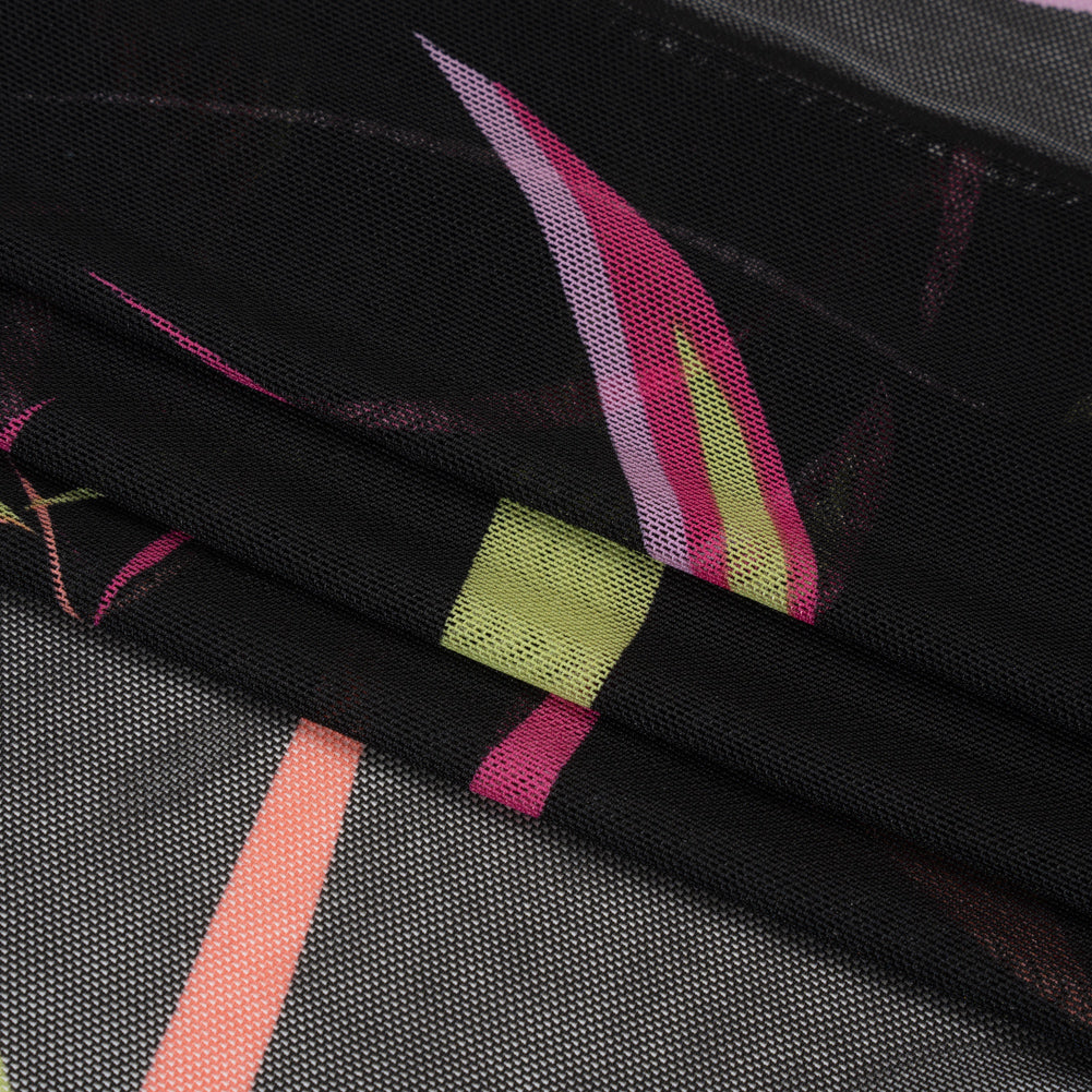 Polyester Stretch Mesh - Black, Hot Pink and Lime Green Leaf Party - Designer Deadstock Polyester Stretch Mesh - Black, Hot Pink and Lime Green Leaf Party - Designer Deadstock