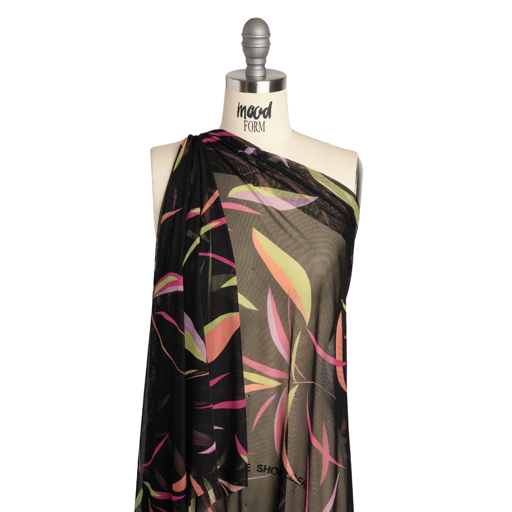 Polyester Stretch Mesh - Black, Hot Pink and Lime Green Leaf Party - Designer Deadstock Polyester Stretch Mesh - Black, Hot Pink and Lime Green Leaf Party - Designer Deadstock