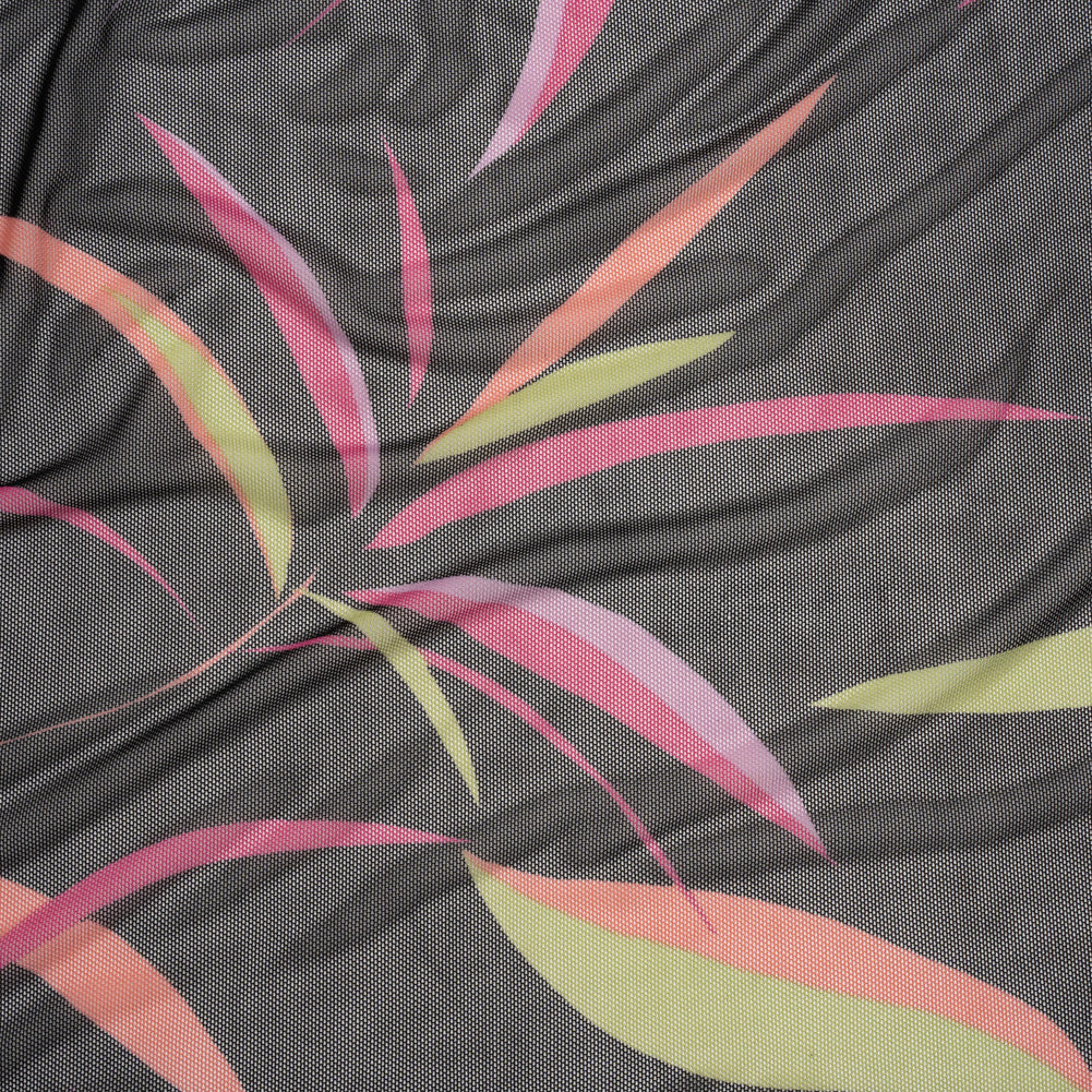 Polyester Stretch Mesh - Black, Hot Pink and Lime Green Leaf Party - Designer Deadstock Polyester Stretch Mesh - Black, Hot Pink and Lime Green Leaf Party - Designer Deadstock