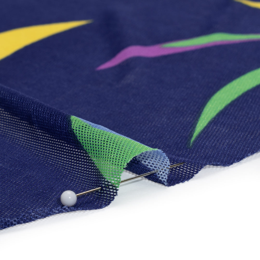 Polyester Stretch Mesh - Navy Blue, Purple and Green Leaf Party - Designer Deadstock - Detail Polyester Stretch Mesh - Navy Blue, Purple and Green Leaf Party - Designer Deadstock - Detail