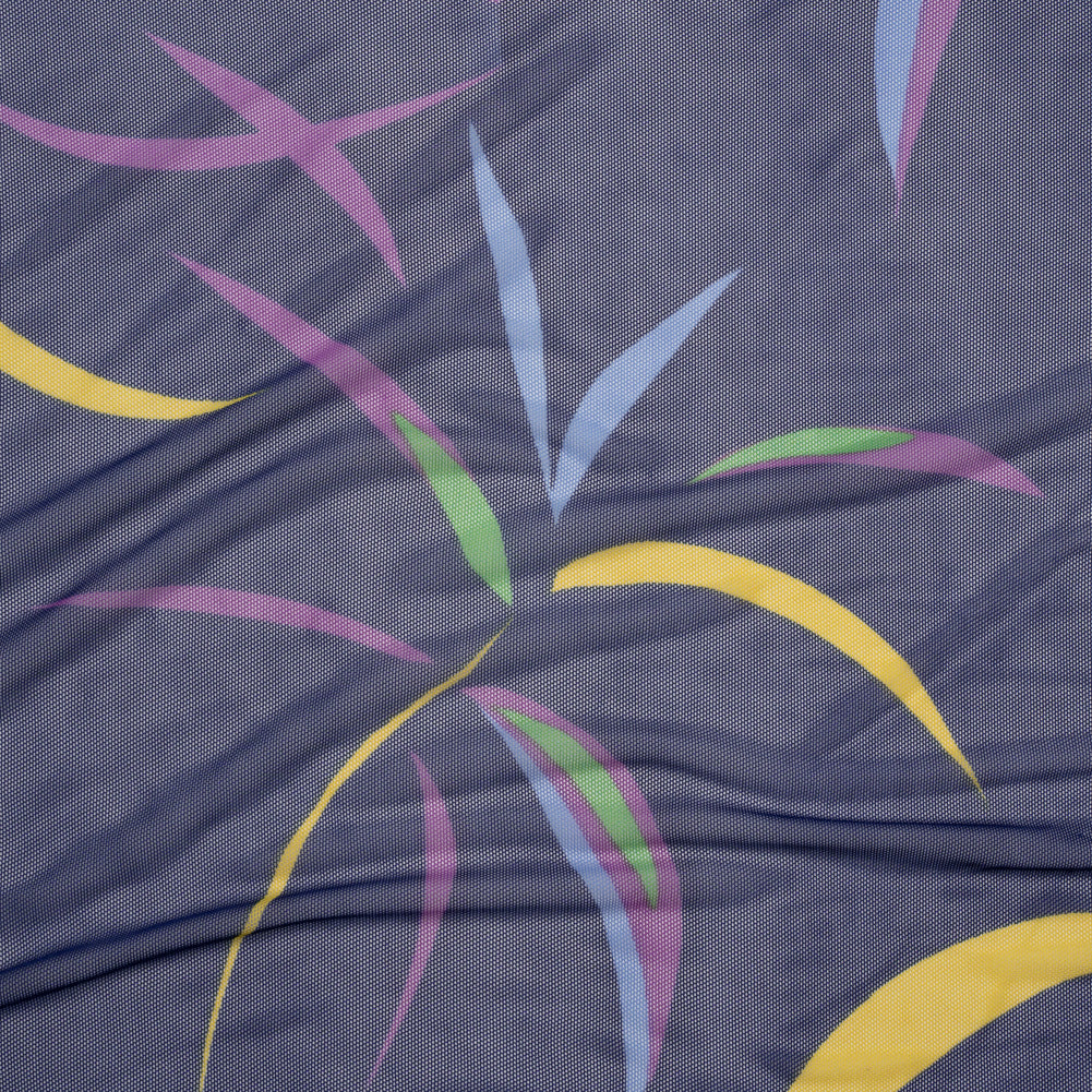 Polyester Stretch Mesh - Navy Blue, Purple and Green Leaf Party - Designer Deadstock Polyester Stretch Mesh - Navy Blue, Purple and Green Leaf Party - Designer Deadstock