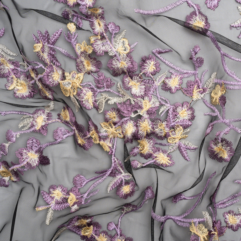 Embroidered Lace on Black Tulle - Lilac, Butter Yellow and White Floral - Designer Deadstock Embroidered Lace on Black Tulle - Lilac, Butter Yellow and White Floral - Designer Deadstock