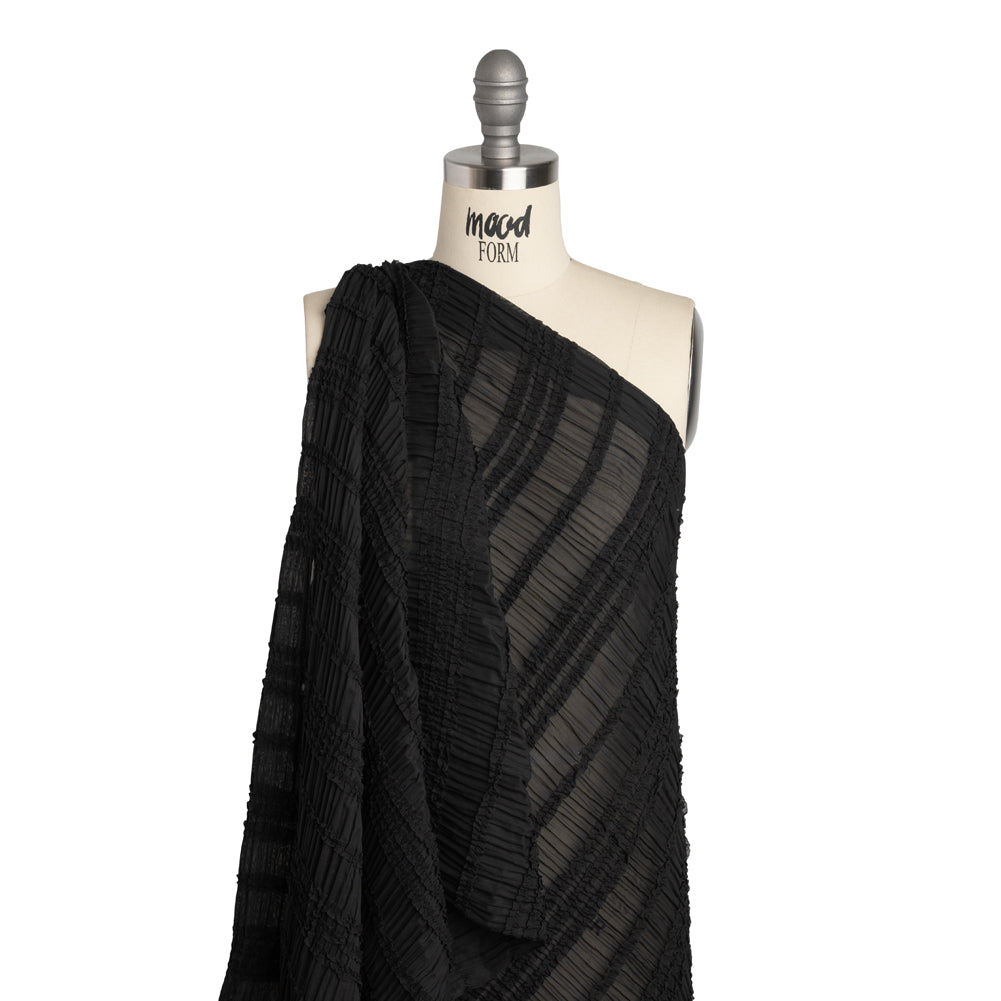 Ruched and Ruffled Sheer Polyester Woven - Black - Designer Deadstock