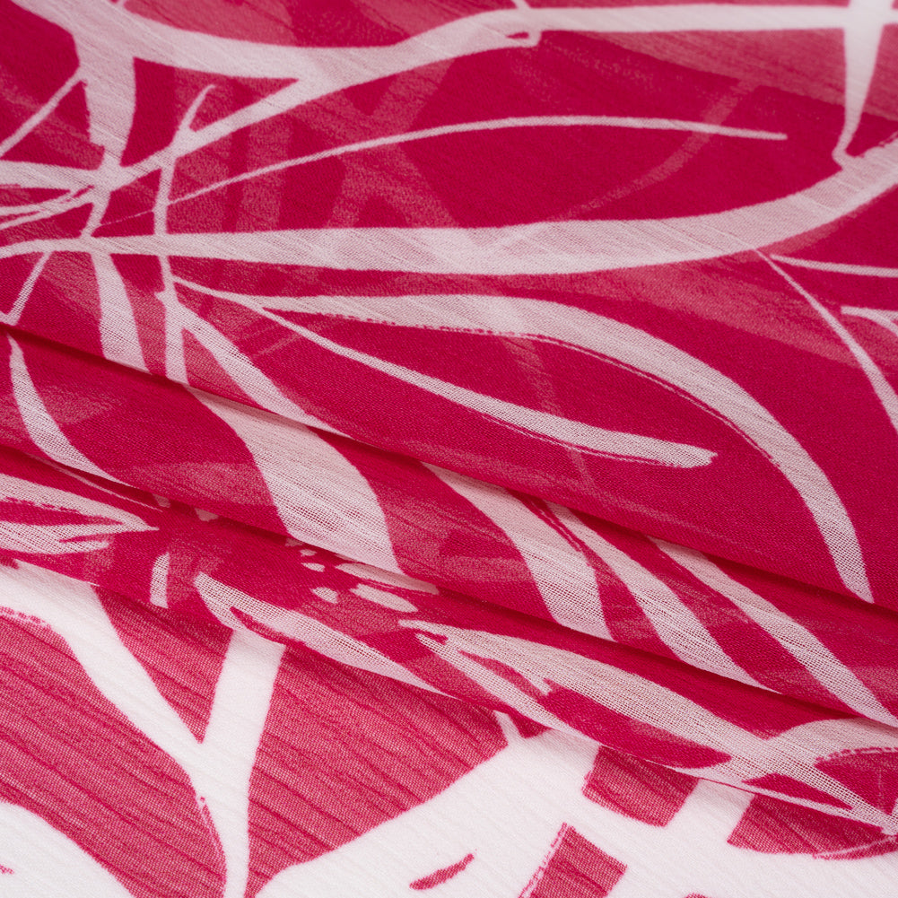 Crinkled Polyester Chiffon - Magenta and White Floral Drawings - Designer Deadstock Crinkled Polyester Chiffon - Magenta and White Floral Drawings - Designer Deadstock