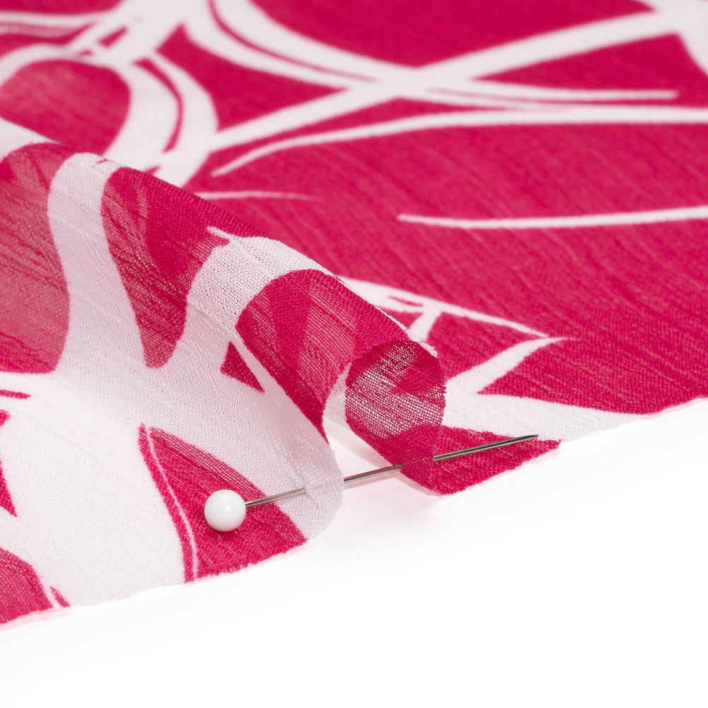 Crinkled Polyester Chiffon - Magenta and White Floral Drawings - Designer Deadstock Crinkled Polyester Chiffon - Magenta and White Floral Drawings - Designer Deadstock