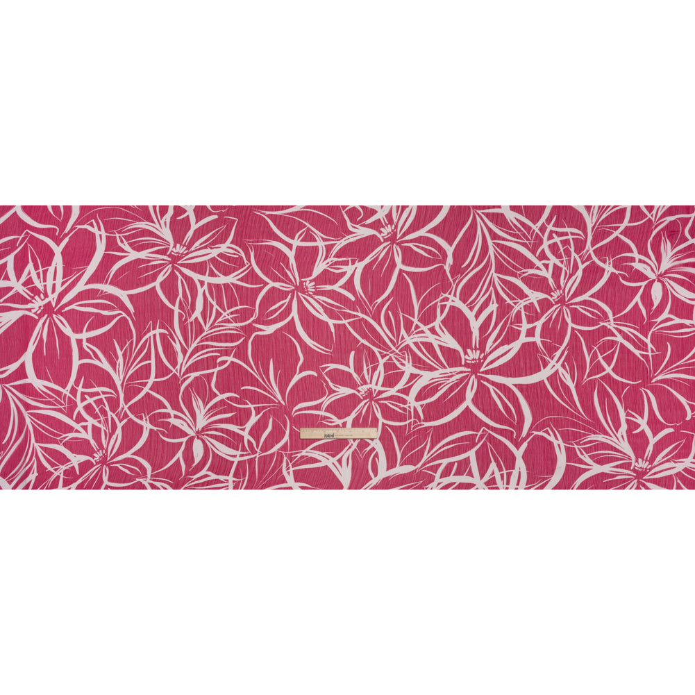 Crinkled Polyester Chiffon - Magenta and White Floral Drawings - Designer Deadstock Crinkled Polyester Chiffon - Magenta and White Floral Drawings - Designer Deadstock