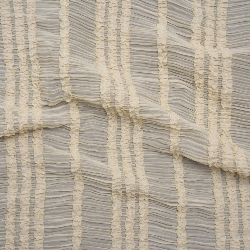Ruched and Ruffled Sheer Polyester Woven - Cream - Designer Deadstock Ruched and Ruffled Sheer Polyester Woven - Cream - Designer Deadstock