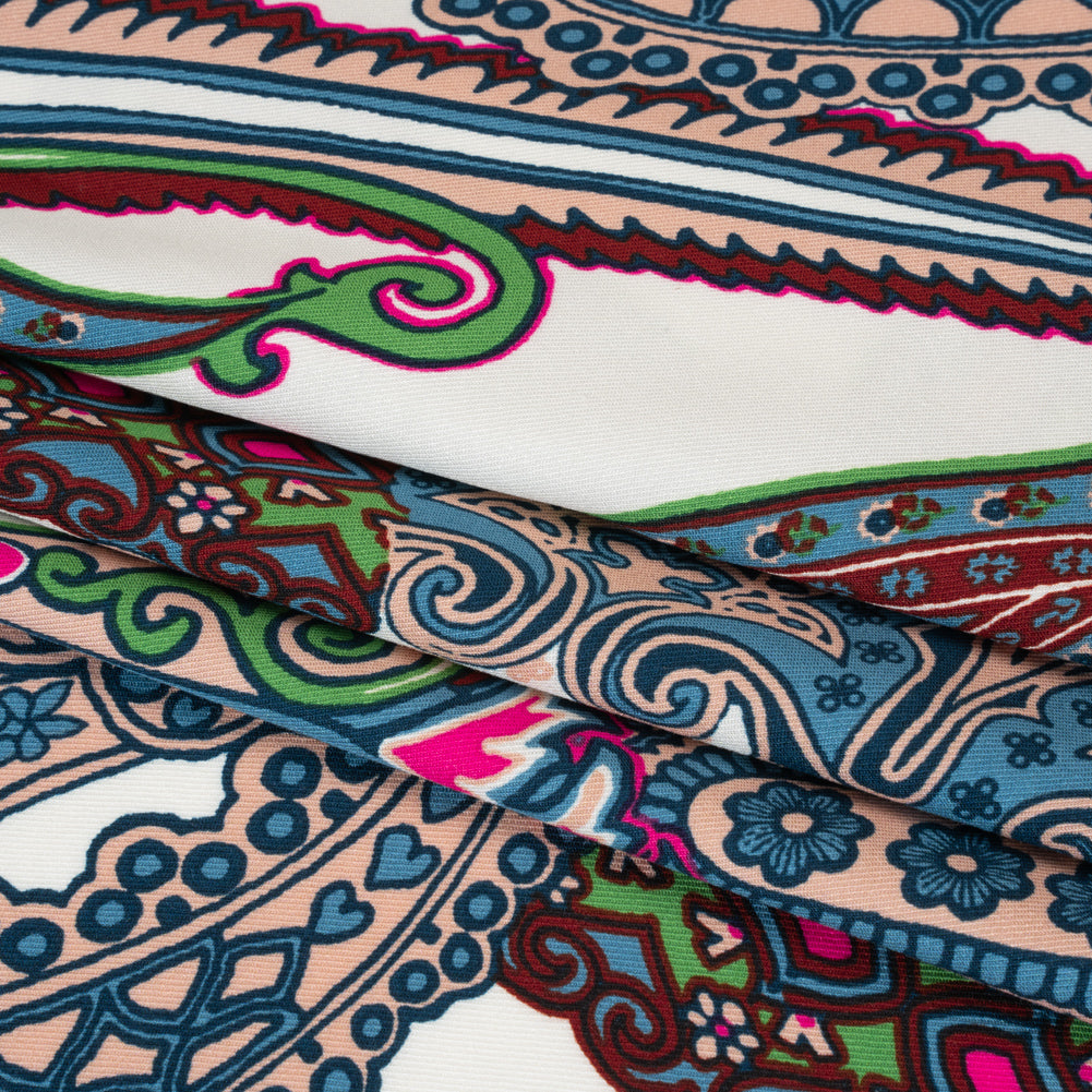 Rayon Twill - Blue, Red and Peachy Beige Paisley - Designer Deadstock - Folded Rayon Twill - Blue, Red and Peachy Beige Paisley - Designer Deadstock - Folded