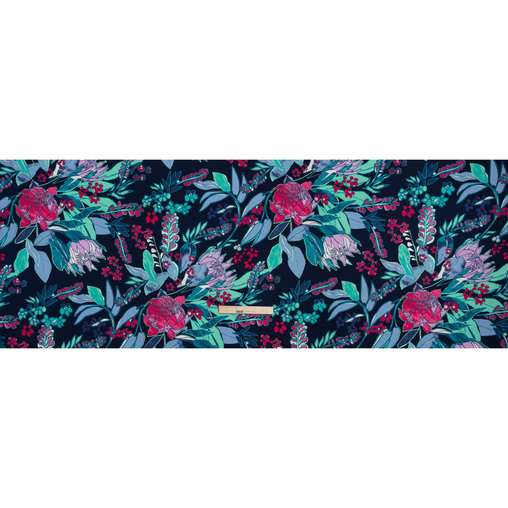 Washed Polyester Woven - Navy Blue, Mint Green and Magenta Pink Floral - Designer Deadstock Washed Polyester Woven - Navy Blue, Mint Green and Magenta Pink Floral - Designer Deadstock