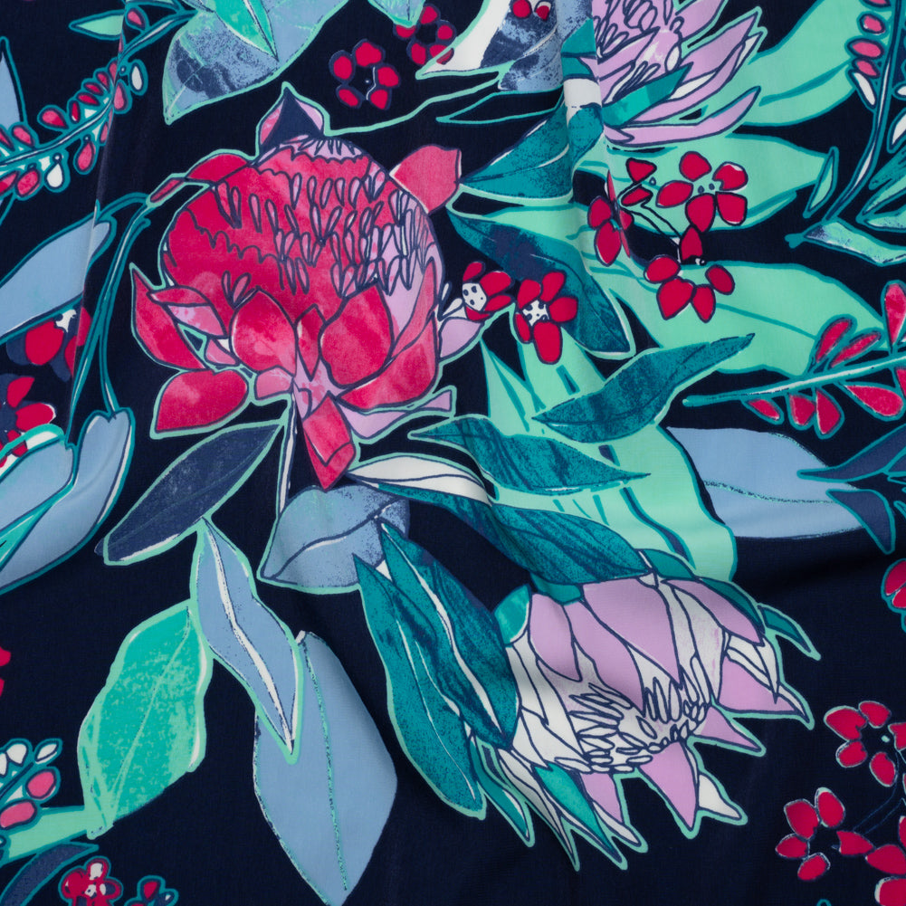 Washed Polyester Woven - Navy Blue, Mint Green and Magenta Pink Floral - Designer Deadstock Washed Polyester Woven - Navy Blue, Mint Green and Magenta Pink Floral - Designer Deadstock