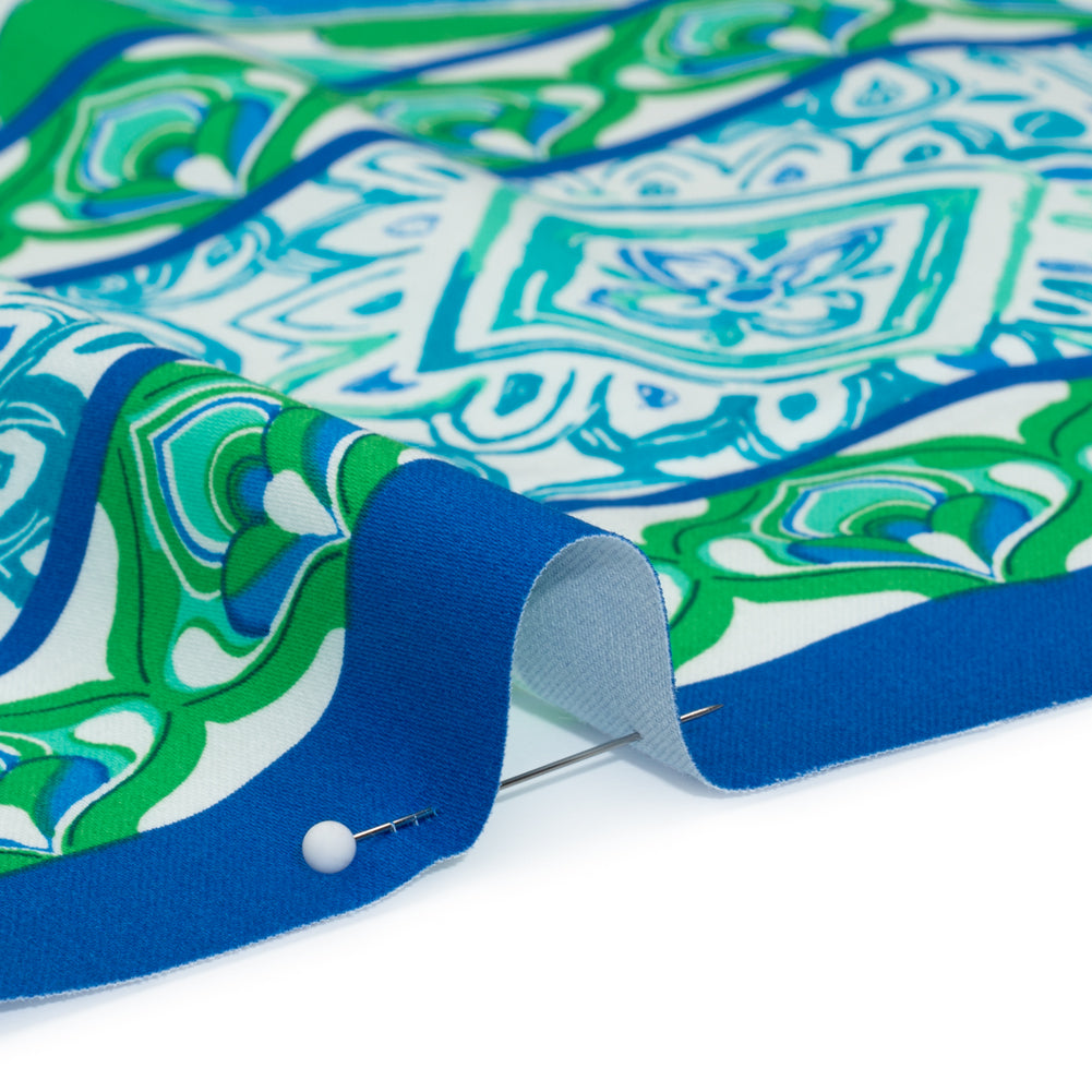 Stretch Cotton Sateen Panel - Blue, Turquoise and Kelly Green Floral Ogees and Stripes - Designer Deadstock Stretch Cotton Sateen Panel - Blue, Turquoise and Kelly Green Floral Ogees and Stripes - Designer Deadstock