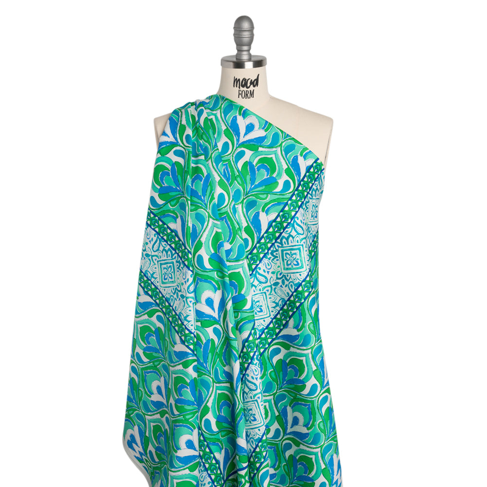 Stretch Cotton Sateen Panel - Blue, Turquoise and Kelly Green Floral Ogees and Stripes - Designer Deadstock Stretch Cotton Sateen Panel - Blue, Turquoise and Kelly Green Floral Ogees and Stripes - Designer Deadstock