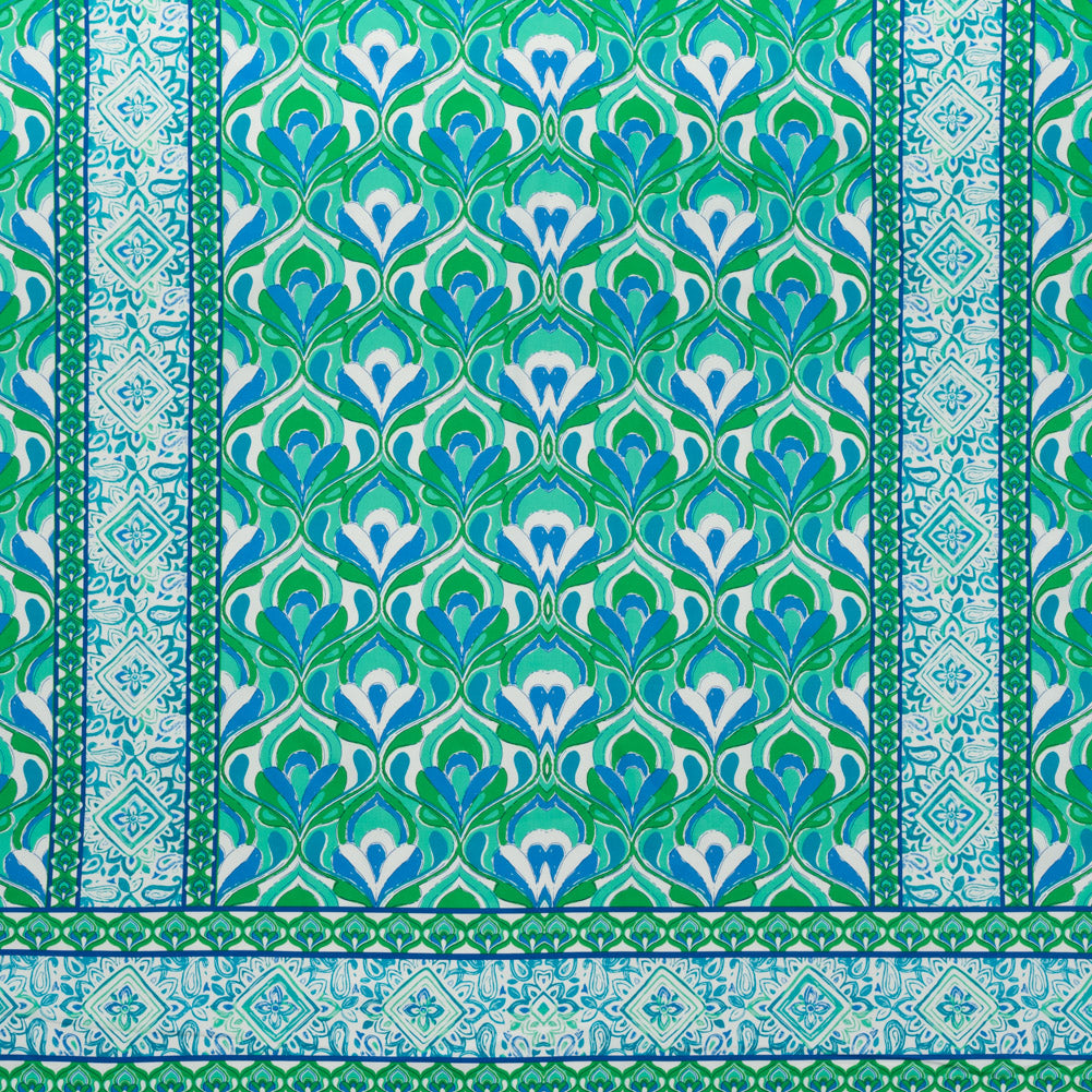 Stretch Cotton Sateen Panel - Blue, Turquoise and Kelly Green Floral Ogees and Stripes - Designer Deadstock Stretch Cotton Sateen Panel - Blue, Turquoise and Kelly Green Floral Ogees and Stripes - Designer Deadstock