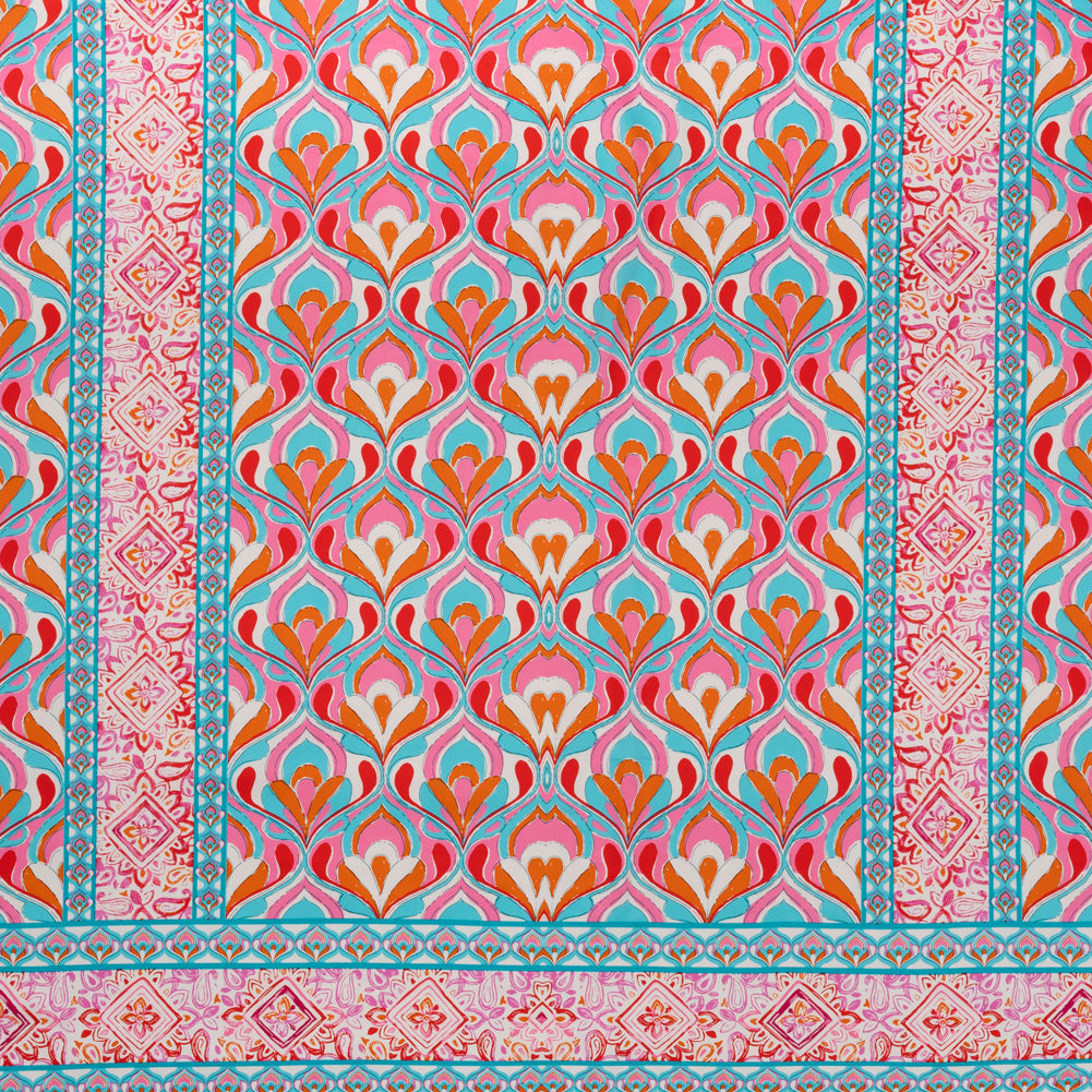 Stretch Cotton Sateen Panel - Turquoise, Pink and Orange Floral Ogees and Stripes - Designer Deadstock Stretch Cotton Sateen Panel - Turquoise, Pink and Orange Floral Ogees and Stripes - Designer Deadstock