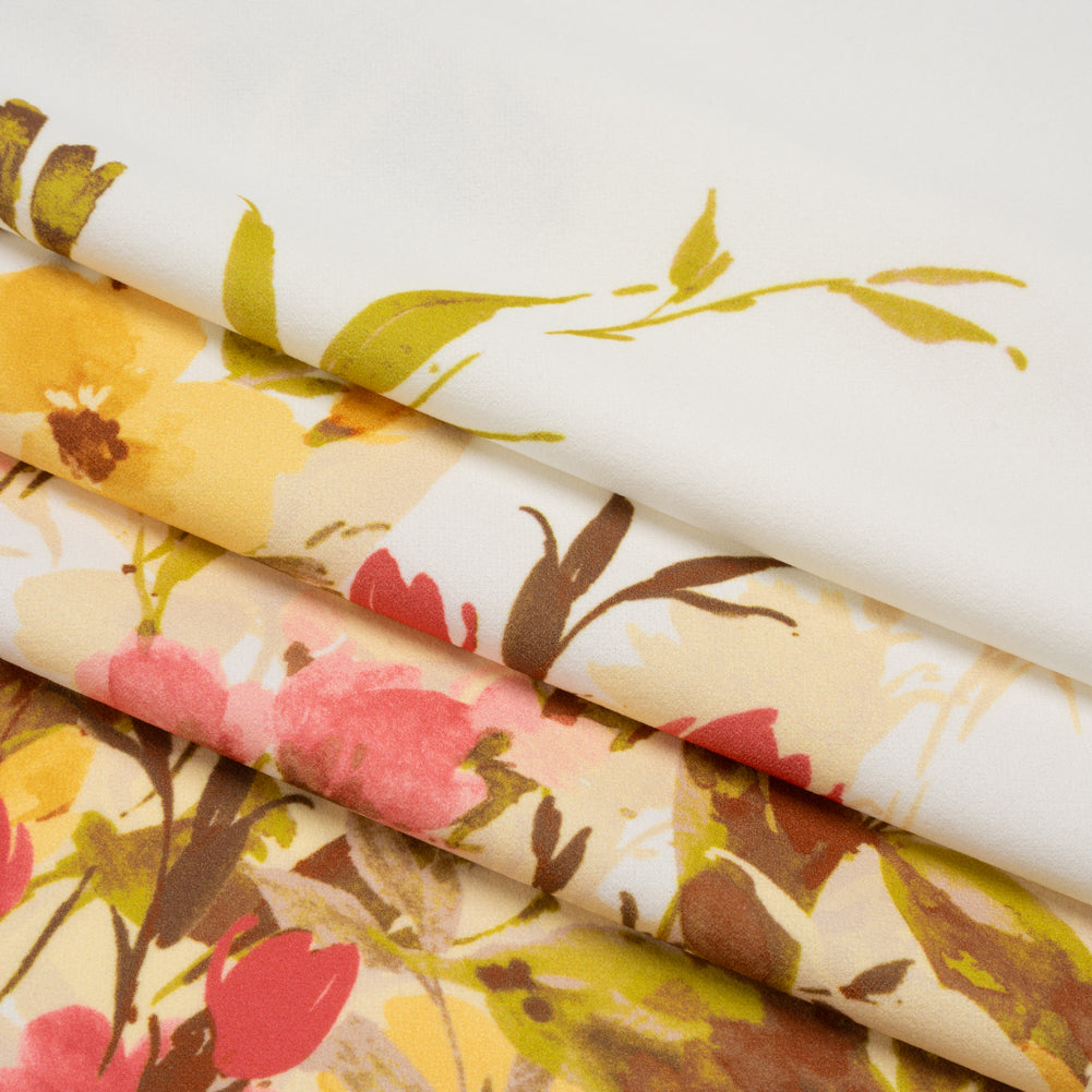 Stretch Polyester Crepe Double Knit - Ivory, Butter Yellow and Rose Pink Floral Border - Designer Deadstock Stretch Polyester Crepe Double Knit - Ivory, Butter Yellow and Rose Pink Floral Border - Designer Deadstock
