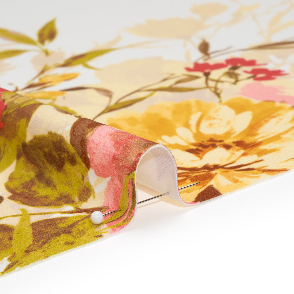 Stretch Polyester Crepe Double Knit - Ivory, Butter Yellow and Rose Pink Floral Border - Designer Deadstock Stretch Polyester Crepe Double Knit - Ivory, Butter Yellow and Rose Pink Floral Border - Designer Deadstock