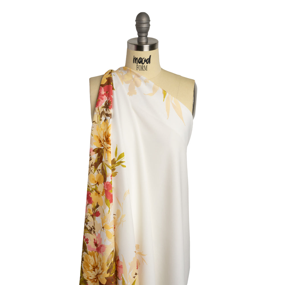 Stretch Polyester Crepe Double Knit - Ivory, Butter Yellow and Rose Pink Floral Border - Designer Deadstock Stretch Polyester Crepe Double Knit - Ivory, Butter Yellow and Rose Pink Floral Border - Designer Deadstock