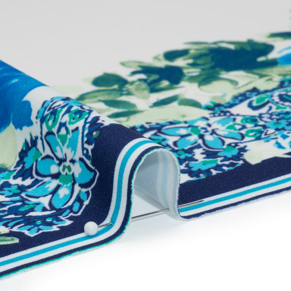 Stretch Polyester Crepe Double Knit Panel - Blue, Green and ivory Floral Border - Designer Deadstock Stretch Polyester Crepe Double Knit Panel - Blue, Green and ivory Floral Border - Designer Deadstock