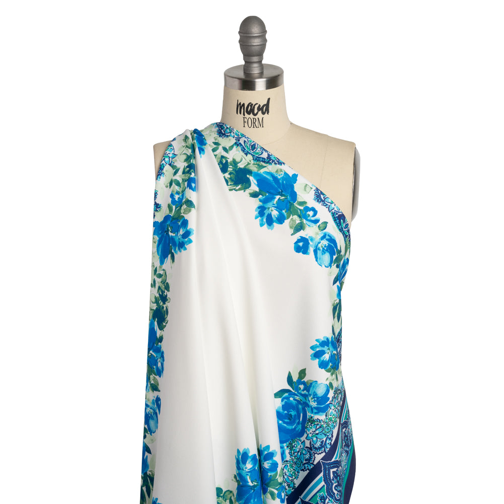 Stretch Polyester Crepe Double Knit Panel - Blue, Green and ivory Floral Border - Designer Deadstock Stretch Polyester Crepe Double Knit Panel - Blue, Green and ivory Floral Border - Designer Deadstock