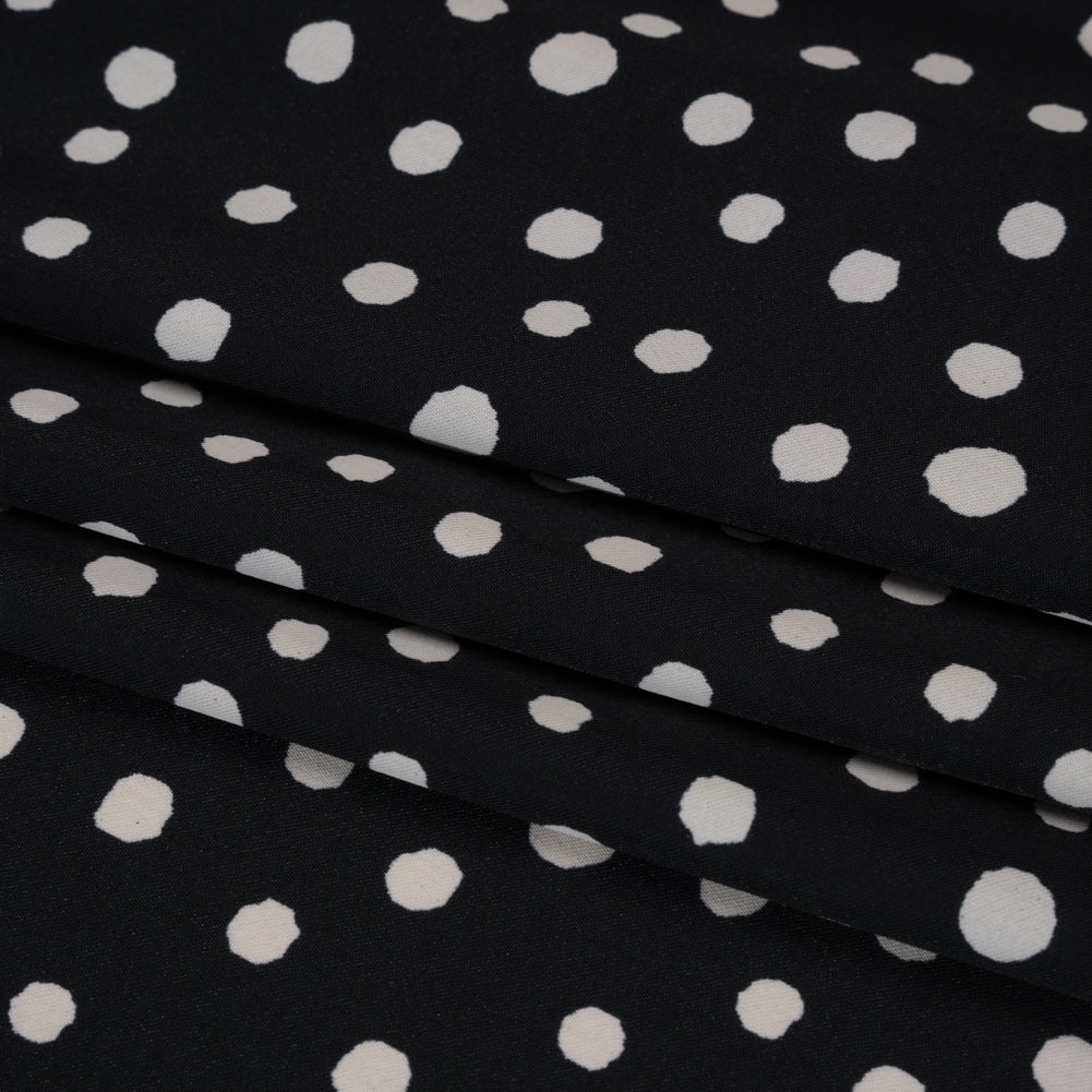 Fluid Polyester Twill - Midnight and Ivory Painted Dots - Designer Deadstock Fluid Polyester Twill - Midnight and Ivory Painted Dots - Designer Deadstock