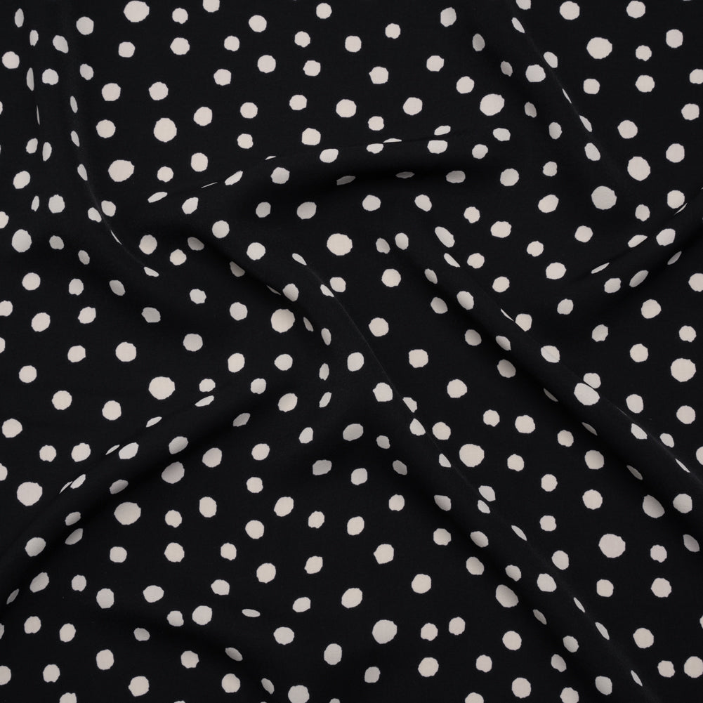 Fluid Polyester Twill - Midnight and Ivory Painted Dots - Designer Deadstock Fluid Polyester Twill - Midnight and Ivory Painted Dots - Designer Deadstock