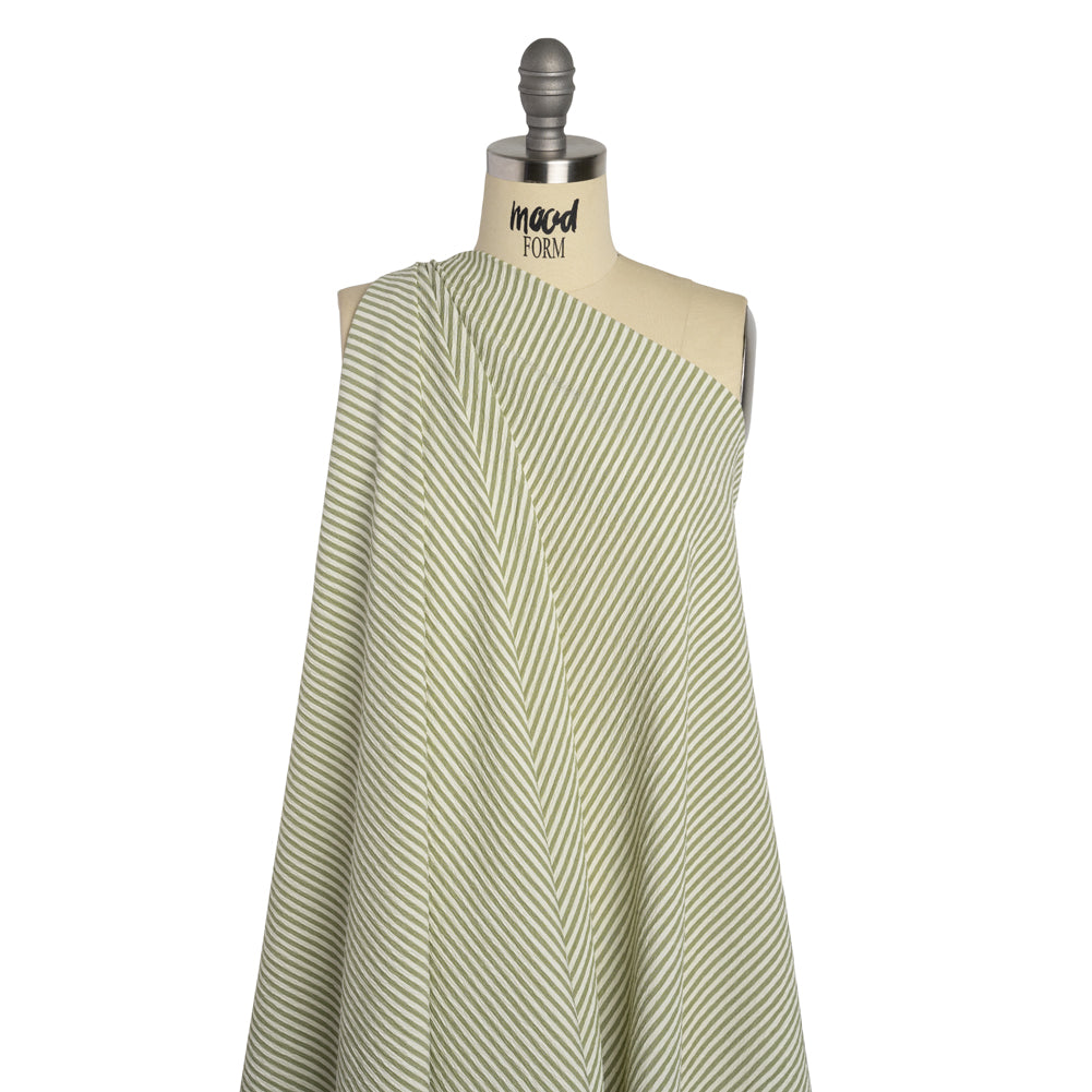 Ruched Polyester and Rayon Woven - Olive Green and Ivory Candy Stripes - Designer Deadstock Ruched Polyester and Rayon Woven - Olive Green and Ivory Candy Stripes - Designer Deadstock