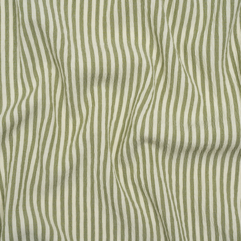 Ruched Polyester and Rayon Woven - Olive Green and Ivory Candy Stripes - Designer Deadstock Ruched Polyester and Rayon Woven - Olive Green and Ivory Candy Stripes - Designer Deadstock
