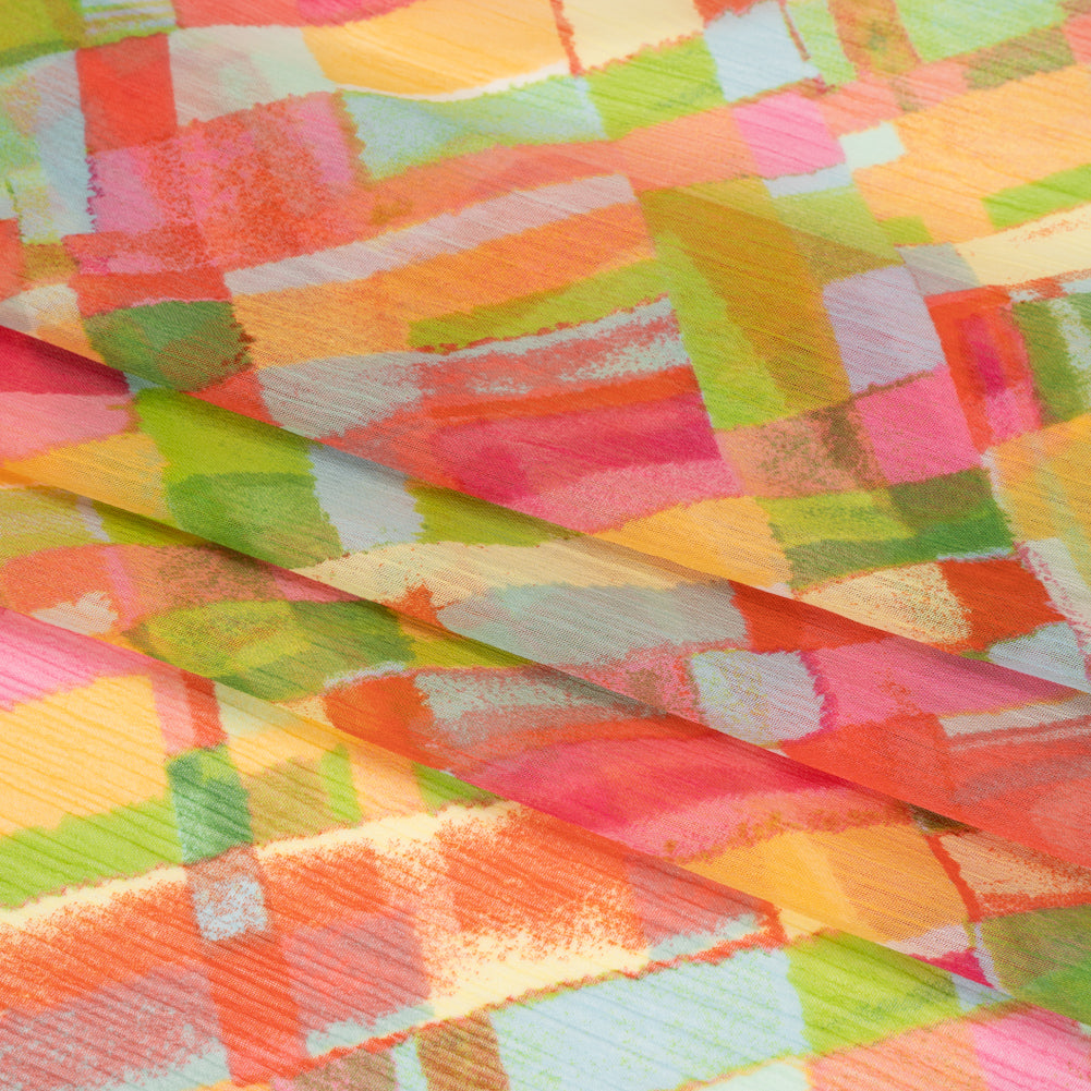 Crinkled Polyester Chiffon Print - Yellow, Lime Green and Pink Painted Plaid - Designer Deadstock Crinkled Polyester Chiffon Print - Yellow, Lime Green and Pink Painted Plaid - Designer Deadstock