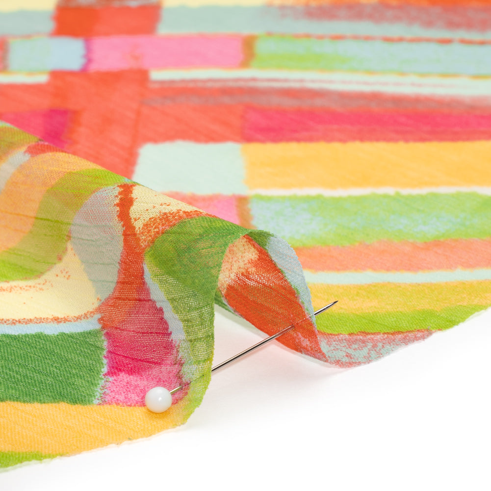 Crinkled Polyester Chiffon Print - Yellow, Lime Green and Pink Painted Plaid - Designer Deadstock Crinkled Polyester Chiffon Print - Yellow, Lime Green and Pink Painted Plaid - Designer Deadstock