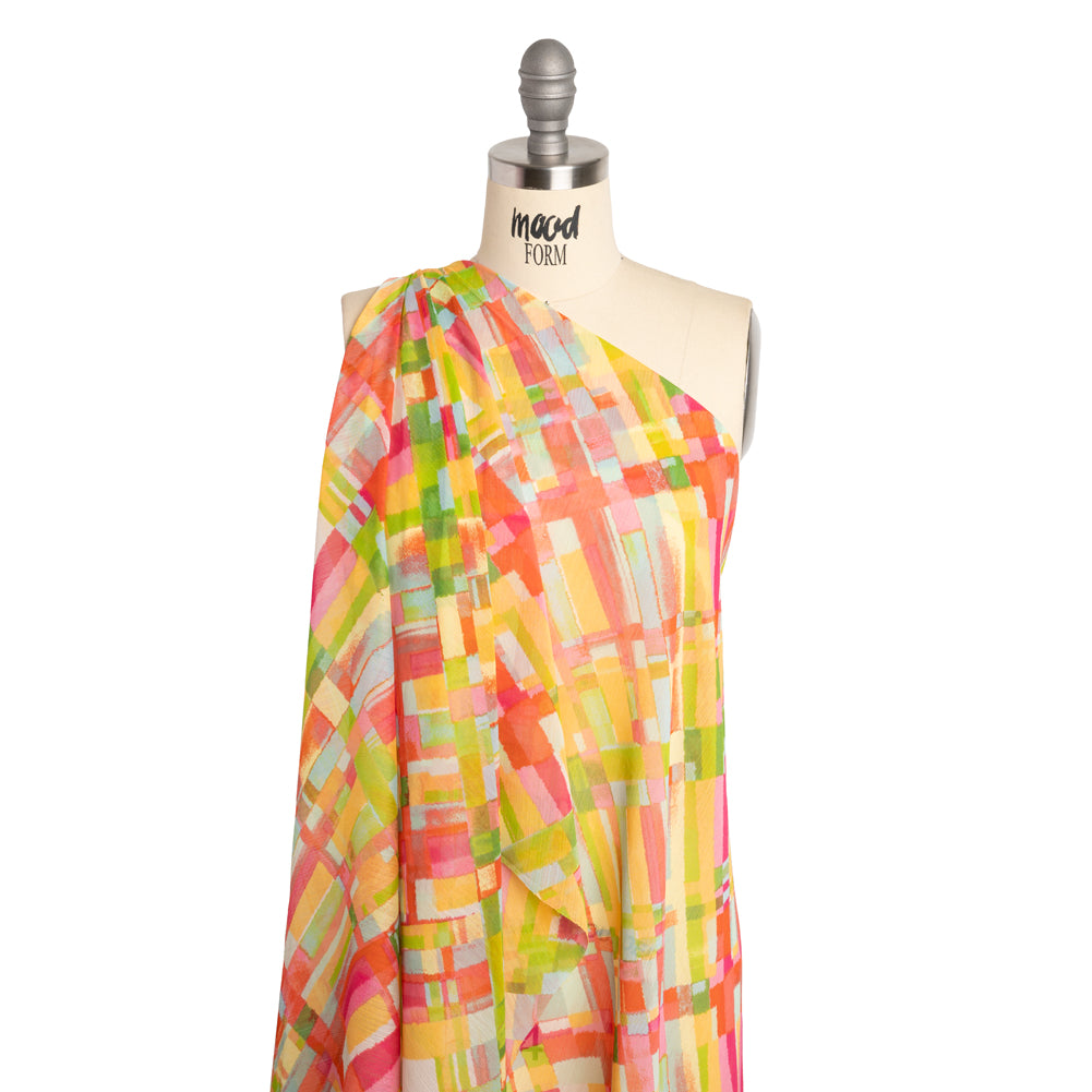 Crinkled Polyester Chiffon Print - Yellow, Lime Green and Pink Painted Plaid - Designer Deadstock Crinkled Polyester Chiffon Print - Yellow, Lime Green and Pink Painted Plaid - Designer Deadstock
