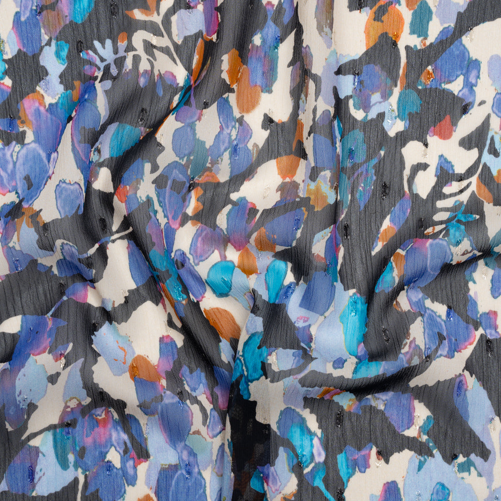 Crinkled Polyester Chiffon with Metallic Dots - Navy, Blue and Orange Abstracted Florals - Made in Italy Crinkled Polyester Chiffon with Metallic Dots - Navy, Blue and Orange Abstracted Florals - Made in Italy