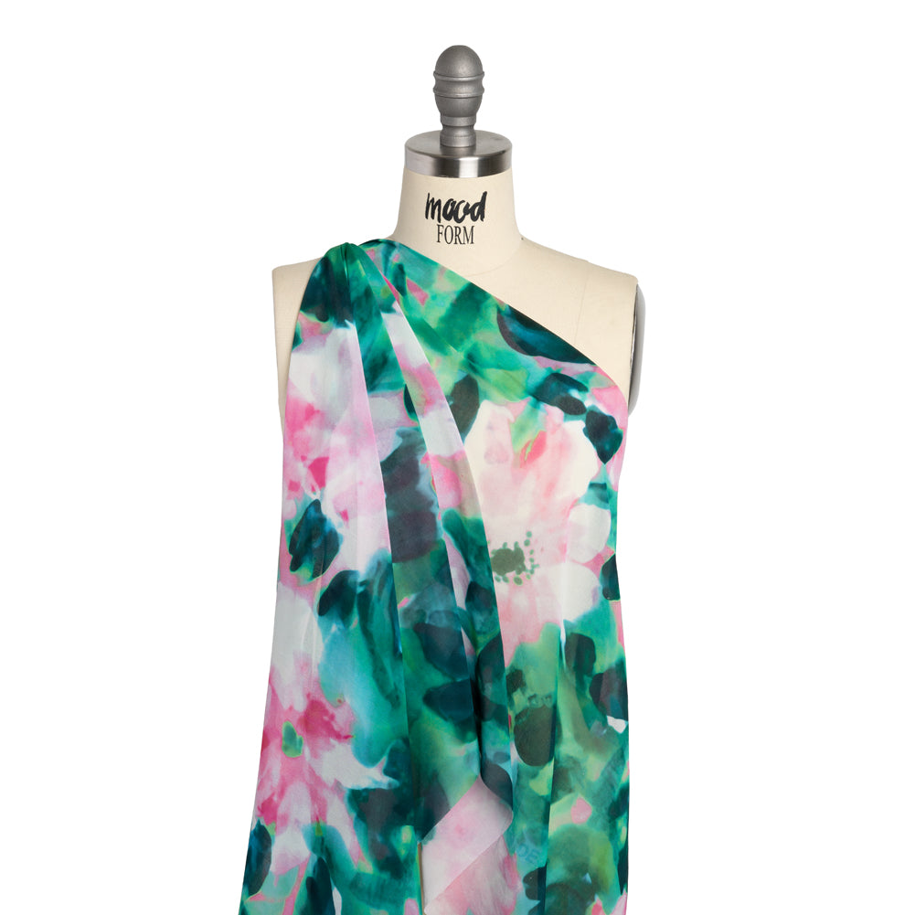 Polyester Chiffon - Pink and Green Floral - Made in Italy Drape Polyester Chiffon - Pink and Green Floral - Made in Italy Drape