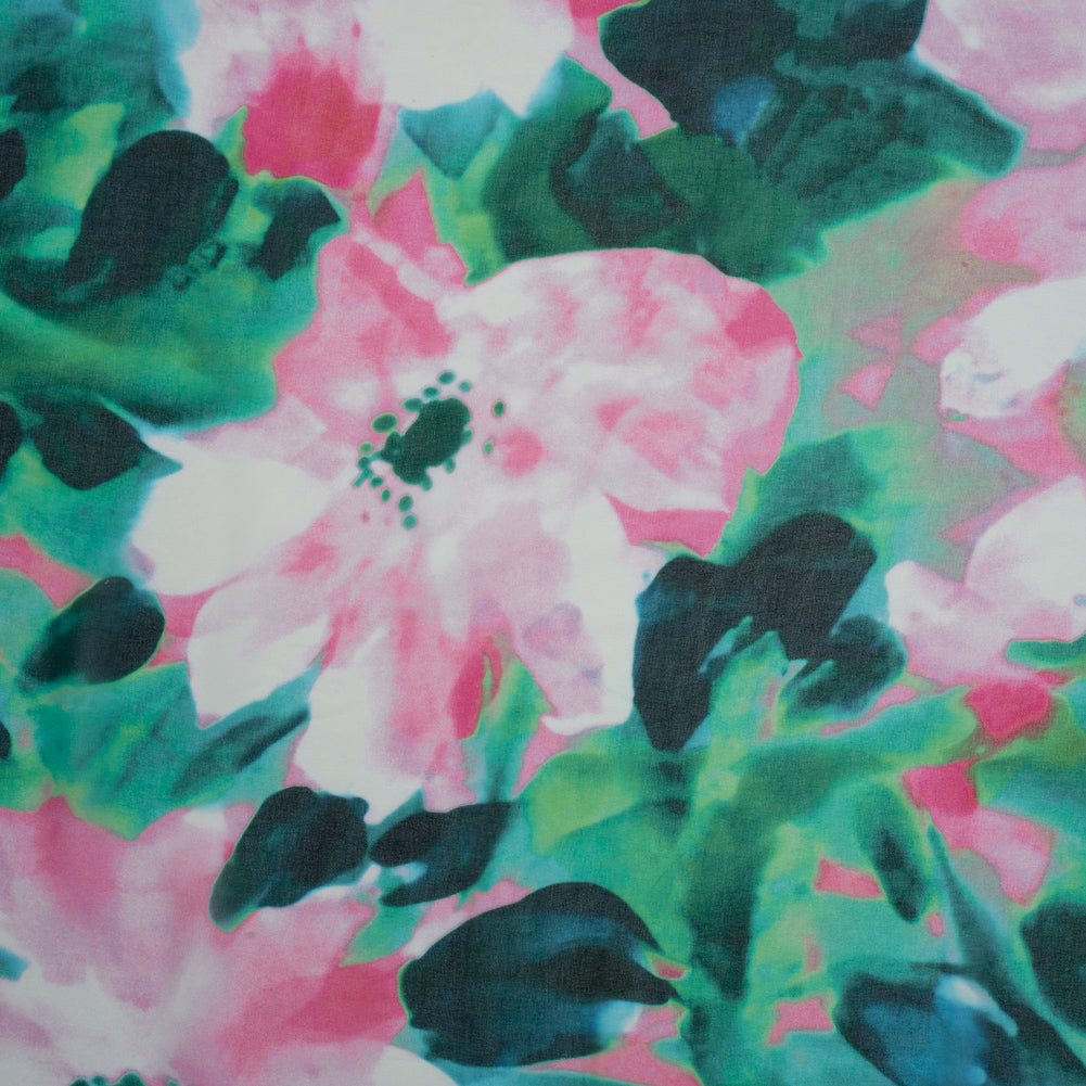 Polyester Chiffon - Pink and Green Floral - Made in Italy Polyester Chiffon - Pink and Green Floral - Made in Italy