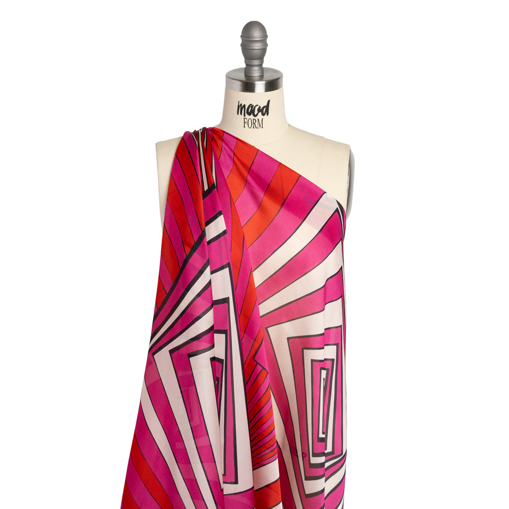 Polyester Voile Panel - Pink, Red and Cream Stripes and Hypnotic Squares - Made in Italy Drape Polyester Voile Panel - Pink, Red and Cream Stripes and Hypnotic Squares - Made in Italy Drape